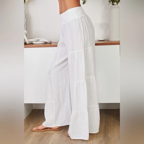 (2-36/255005-SOL-WHT) LINEN TIERED PALAZZO PANT - Picture 3 of 5